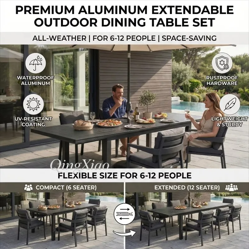 Black Aluminum Retractable Outdoor Dining Furniture Set Modern Garden Courtyard Table Fits 6 To 10 People Durable Stylish