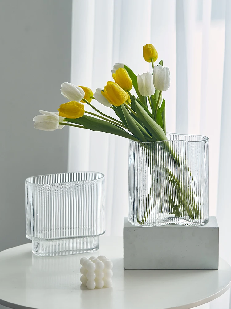 Simple Transparent Striped Glass Vase Dining Table Interior Decoration Modern Hydroponic Flower Vase Flower Arrangement Decor