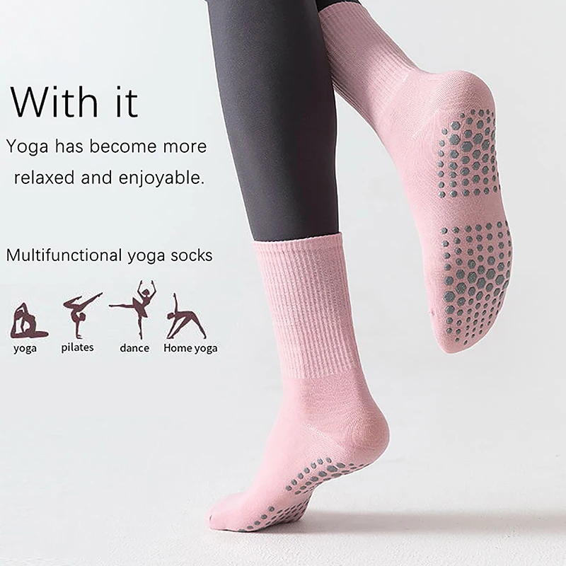 

1 pair Cotton Breathable Mid-calf Yoga Socks Solid Color Striped Anti-slip Sports Socks Pilates Socks Training Socks