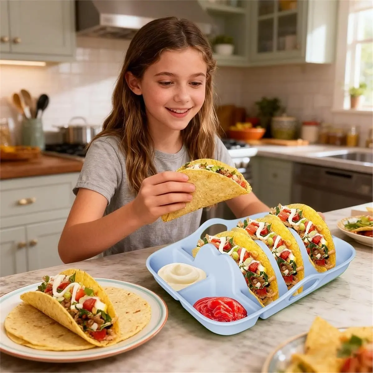 A67T NEW Silicone Taco Holder Plates Set of 2 with Dividers & Dip Trays, 10 in Non-Slip Taco Stands with Carry Handles B