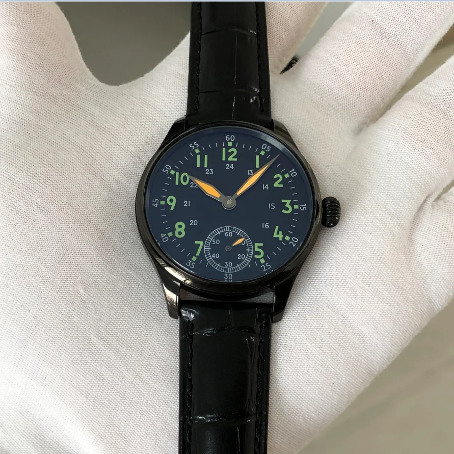 41mm NO LOGO Sapphire Crystal Or Mineral Glass Black Luminous Dial Asian ETA6498 Mechanical Movement Pilot Men's ST3621 Watch