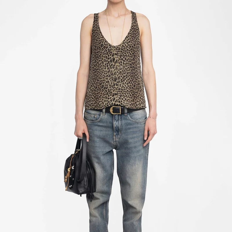 

Женские леопардовые жилеты с открытой спиной, женские свободные пуловеры без рукавов с v-образным вырезом Zadig, женский жилет, летние майки, повседневные вискозные топы 2025