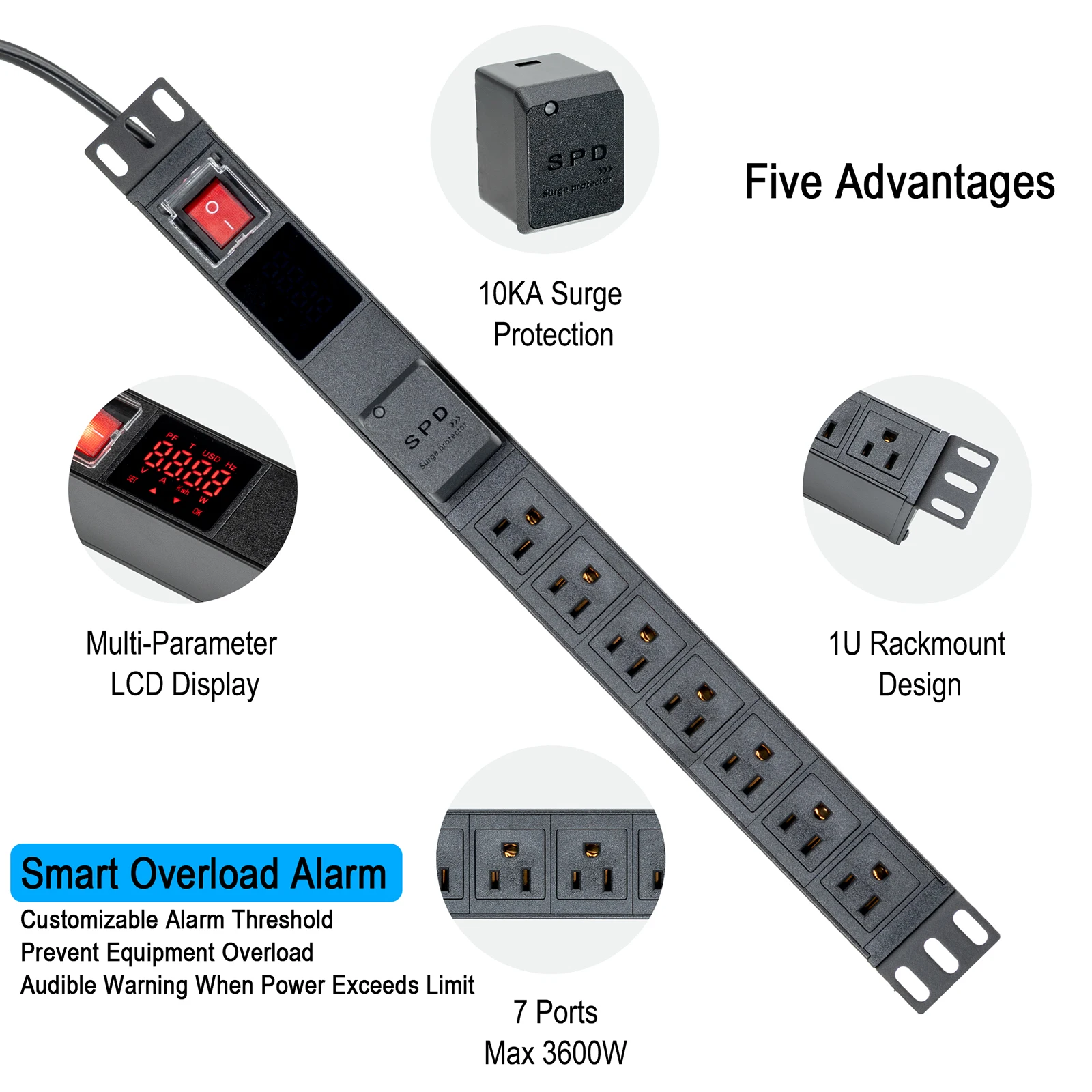 19Inch 1U Rack 7 unit NEMA Standard PDU Power Strip Network Cabinet America Socket USA Standard Outlet Switch Supply Power