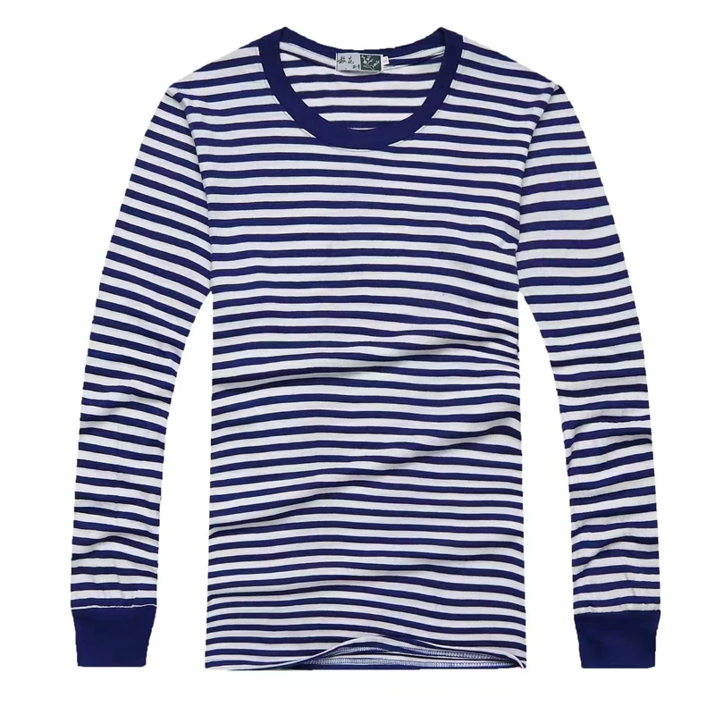 Men\'s Blue White Striped Long Sleeve T-shirt Cotton Blended Round Neck Loose Retro Pullover Top Navy Shirt Base T Shirt L-4XL