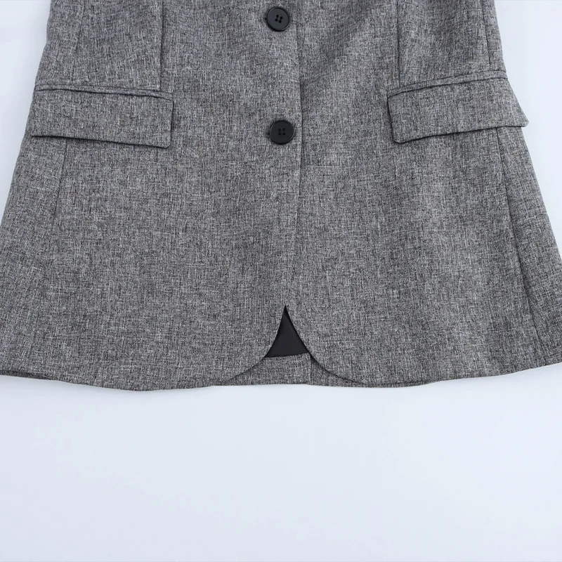 Willshela Women Fashion With Pockets Grey Single Breasted Blazer Vintage Notched Neck Long Sleeves Female Chic Lady Outfits