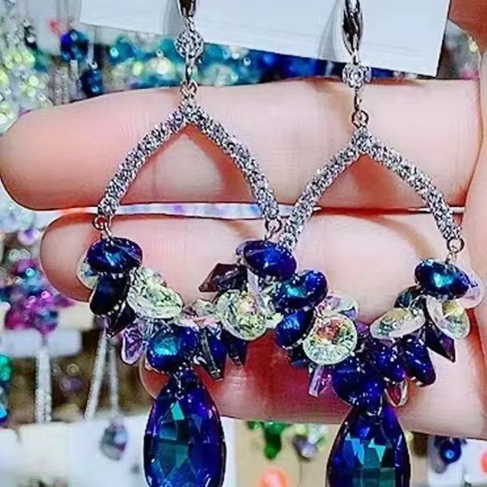 Light luxury retro silver hook mixed color crystal earrings