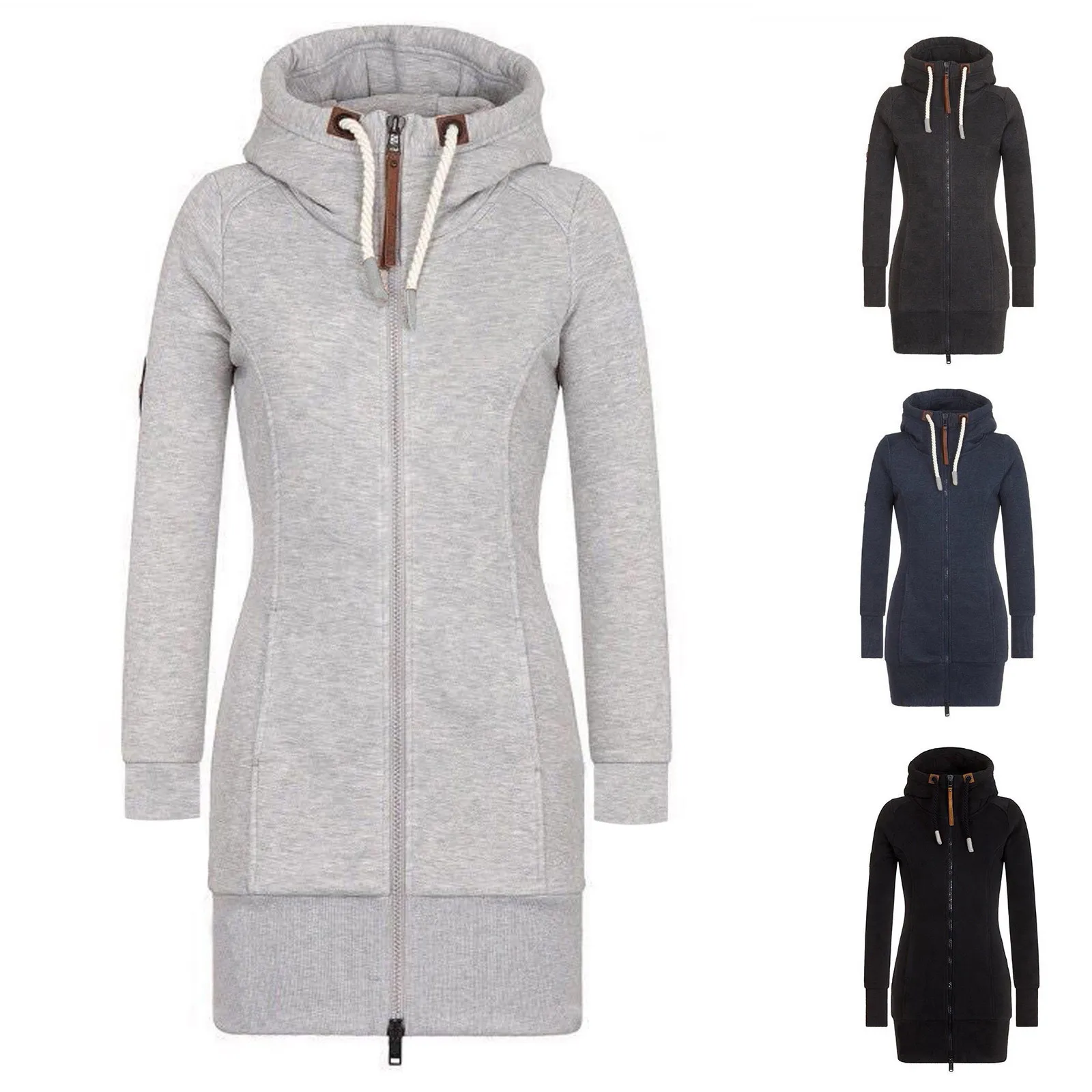 Autumn Winter Ladies Knee-Length Dress Hooded Warm Sweatshirt Long Sleeve Camp Collar Pocket Simple Casual Sports Dress