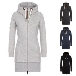 Autumn Winter Ladies Knee-Length Dress Hooded Warm Sweatshirt Long Sleeve Camp Collar Pocket Simple Casual Sports Dress