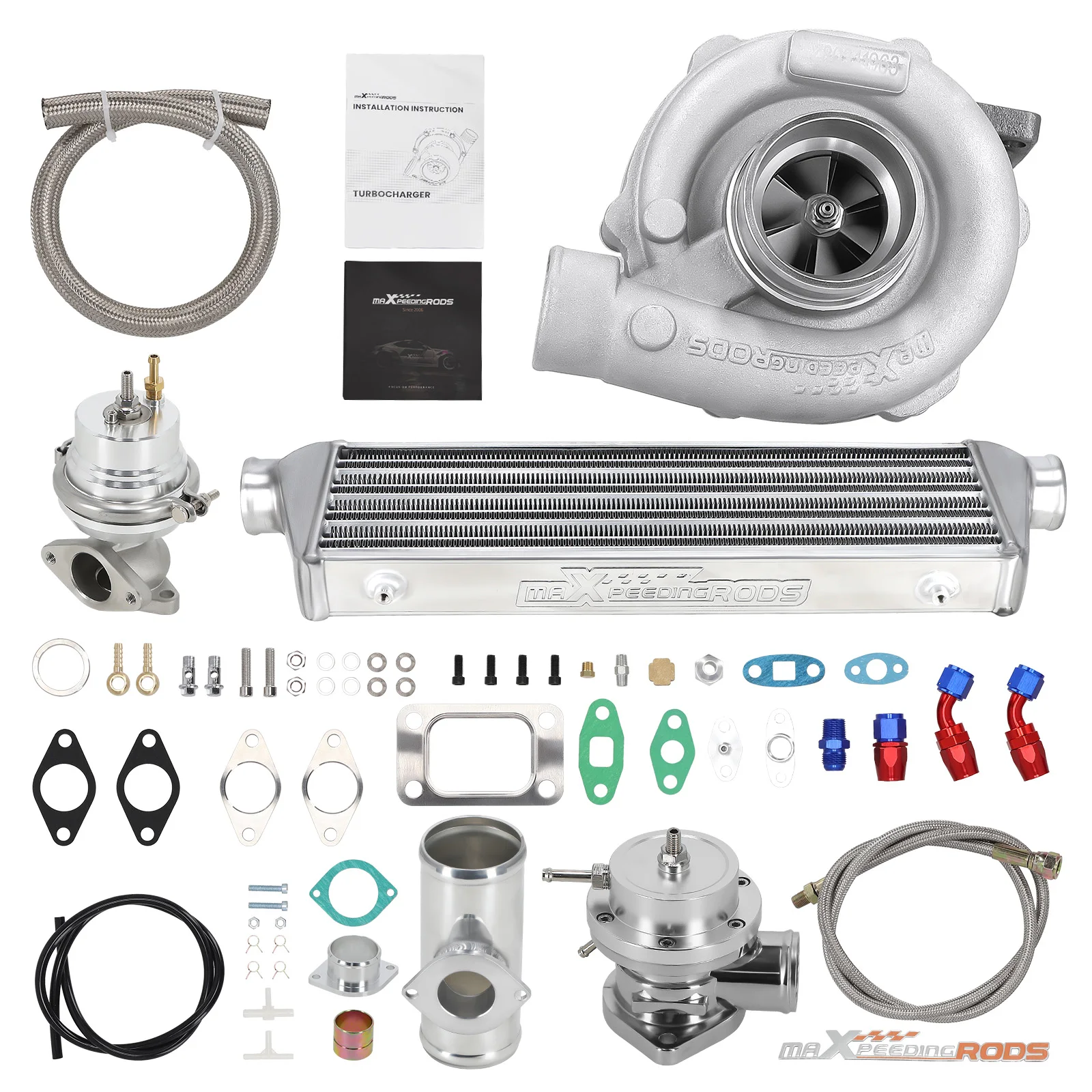 Maxpeedingrods T04E Universal Turbo Kit T3 T4 Turbocharger Intercooler Oil Lines BOV Adapter Kit For 1.5-3.0L