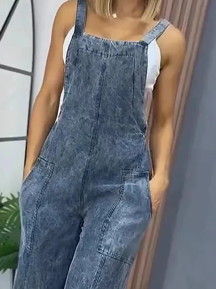 

Lady Elegant Commuting Outdoor Romper Retro Solid Color Pocket Loose Playsuit Casual Summer Hollow Out Sleeveless Denim Jumpsuit