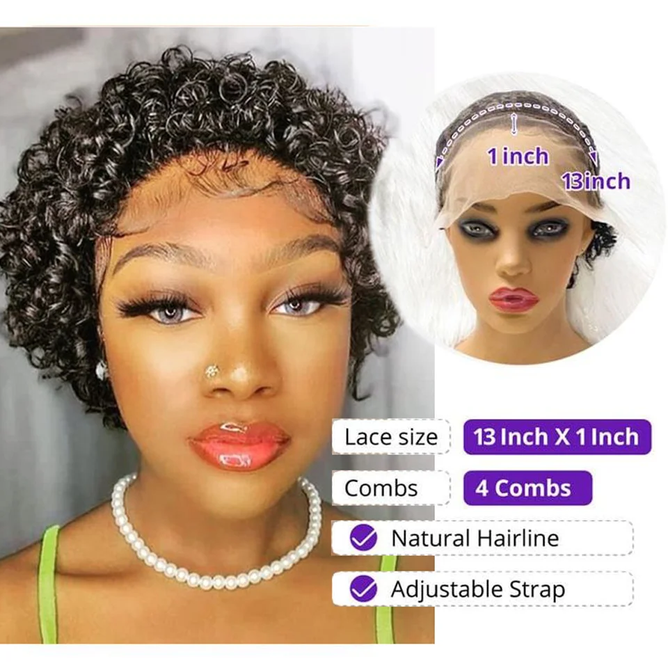 Short Curly Pixie Wig Curly  Bob Human Hair Wig Cheap 13X1 Transparent Lace Frontal Water Deep Wave Lace Wig Prepluck Human Hair