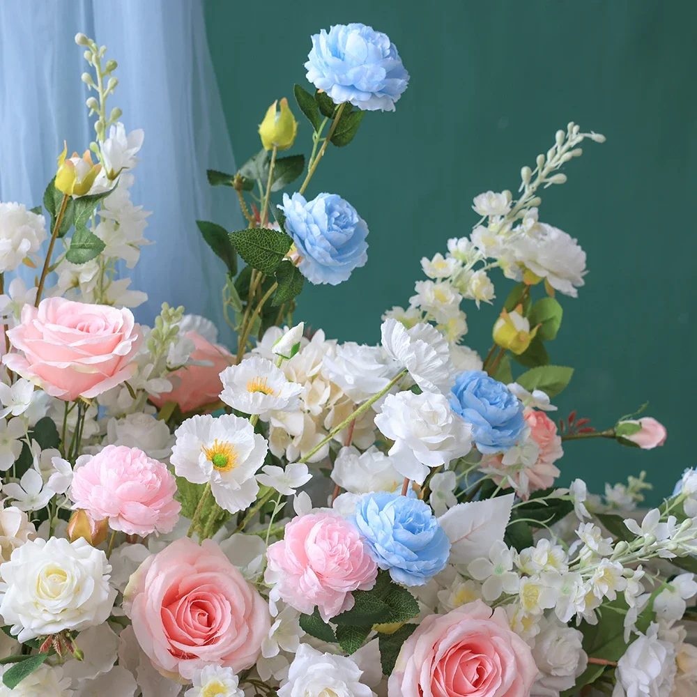 Crafted Artificial Flowers Christmas Party Decoration High Quality White Blue Pink Rose Green Leaves Kunstbloemen Decor HY2375