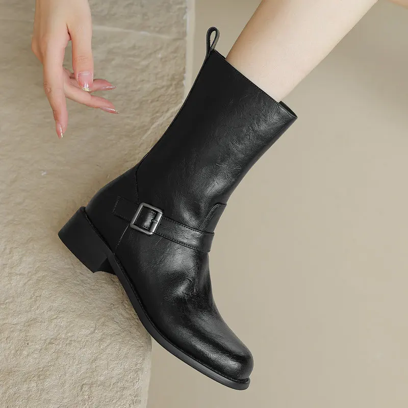 

2024 Genuine Leather Women Mid-calf Boots Autumn Winter Boots Square Med Heel Casual Party Shoes Woman Size 34-43