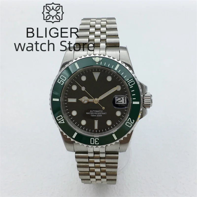 BLIGER 40mm Green Diving Watch NH35 PT5000 Automatic Men's Watch Ceramic luminous bezel Sapphire Glass Stainless Steel Bracelet