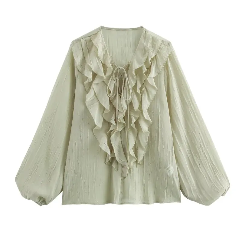 

Spring 2025 Women's Long Sve V-Ne Layered Decorative irt Transparent Faion Loose Fit Premium Quali Ladies' irt