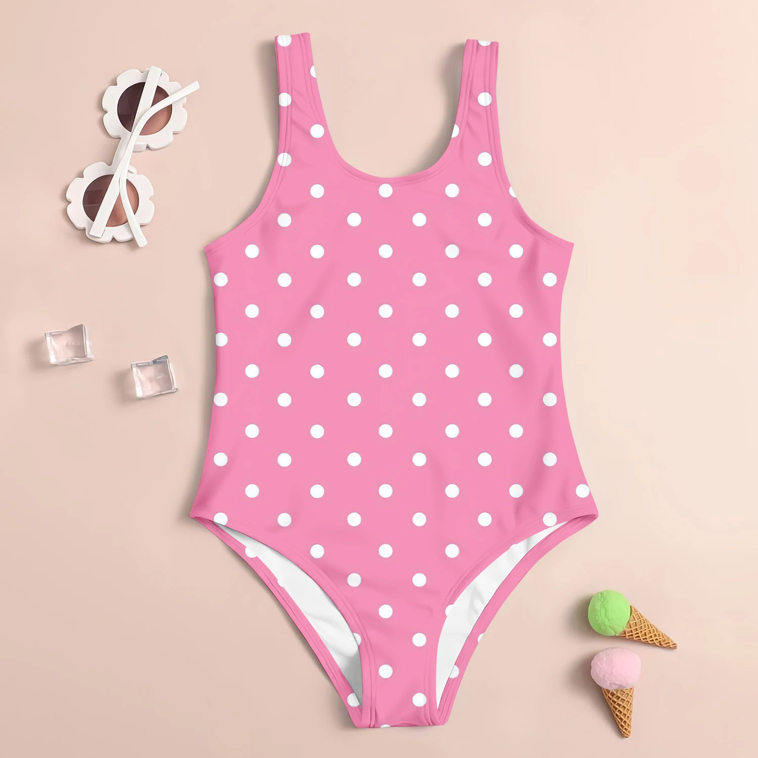 2024 Summer New Children\'s Sleeveless Swimsuit Kids Cool Seaside Clothes Cute Polka Dot 3d Printed One-Piece Swimsuit For Girls