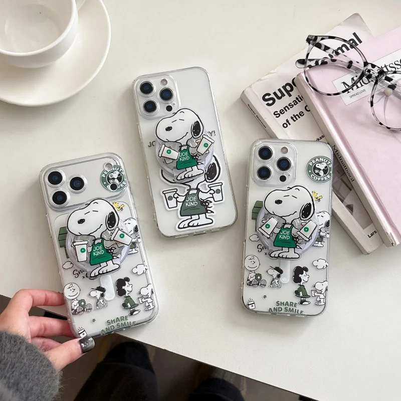 

Cartoon Cute Snoopy coffee TPU Phone Case For iPhone 11 12 13 14 15 16 17Pro Max Plus Funny rotate coffee Snoopy Magnetic Cover﻿