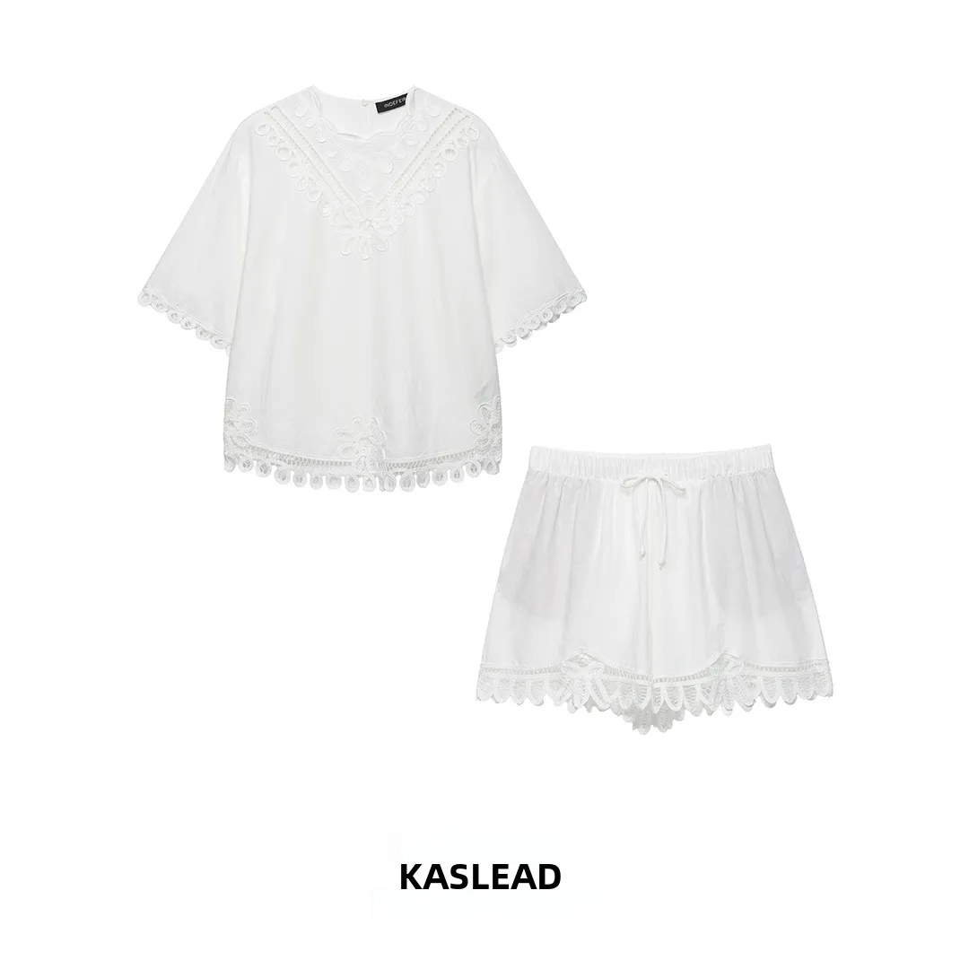 KASLEAD New Fashionable Embroidered Mixed Fabric Shirt Shorts Set Women's Summer Outfit Two-Piece Suit Casual Stylish Ensemble