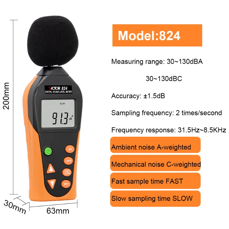 Victor 824 Digital Sound Level Meter Decibel Monitor 31.5- 8500 Hz Fast Noise Measuring Instrument DB Tester 30~130dB Mini Audio