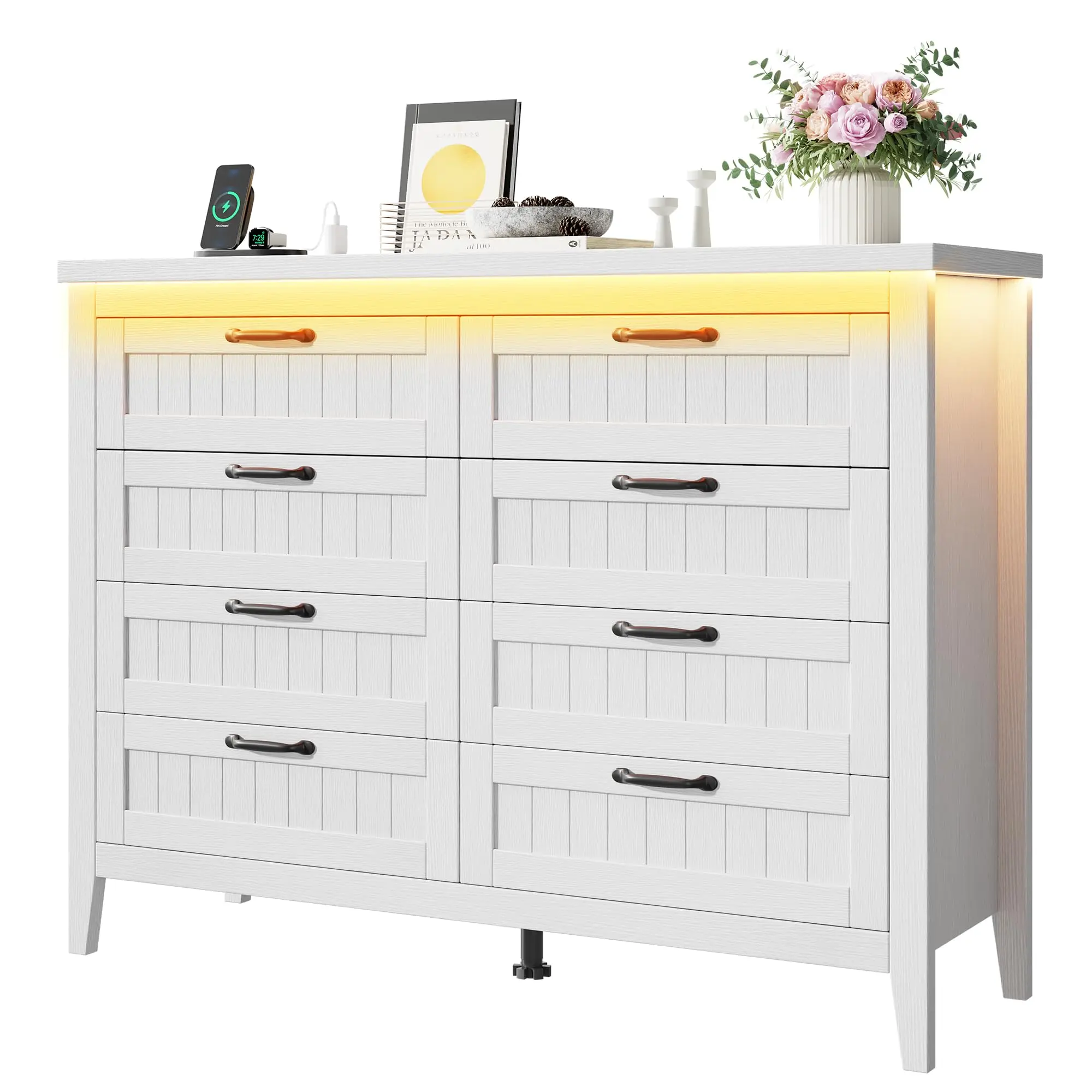 GarveeLife Modern 8 Drawer Dresser with LED Lights & Power Outlet – Wooden Chest for Bedroom, Closet, Nursery, Entryway – Wide Chest Storage Cabinet, Farmhouse Style, Slim Design