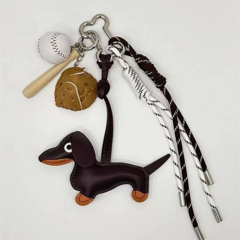 Vintage Dachshund Dog Keychain with Nylon Braided Rope PU Materials Elkegant Charm for Bag and Keys Decoration Daily Use