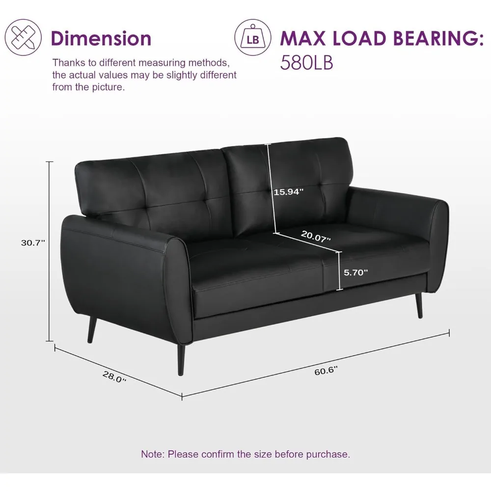 Mini divano moderno di metà secolo, divanetto piccolo da 61", ecopelle nera, comfort trapuntato per soggiorno ufficio