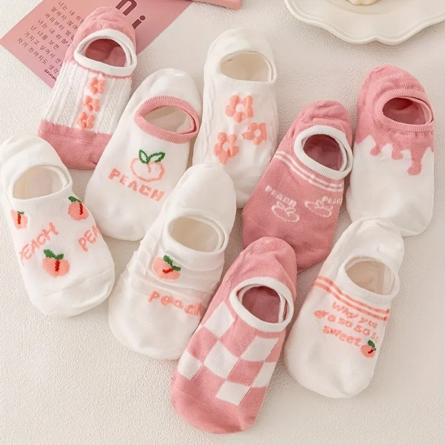 

10 pairs of mixed color peach socks with cute peach cartoon pattern design, suitable for both men and women to wear outdoors