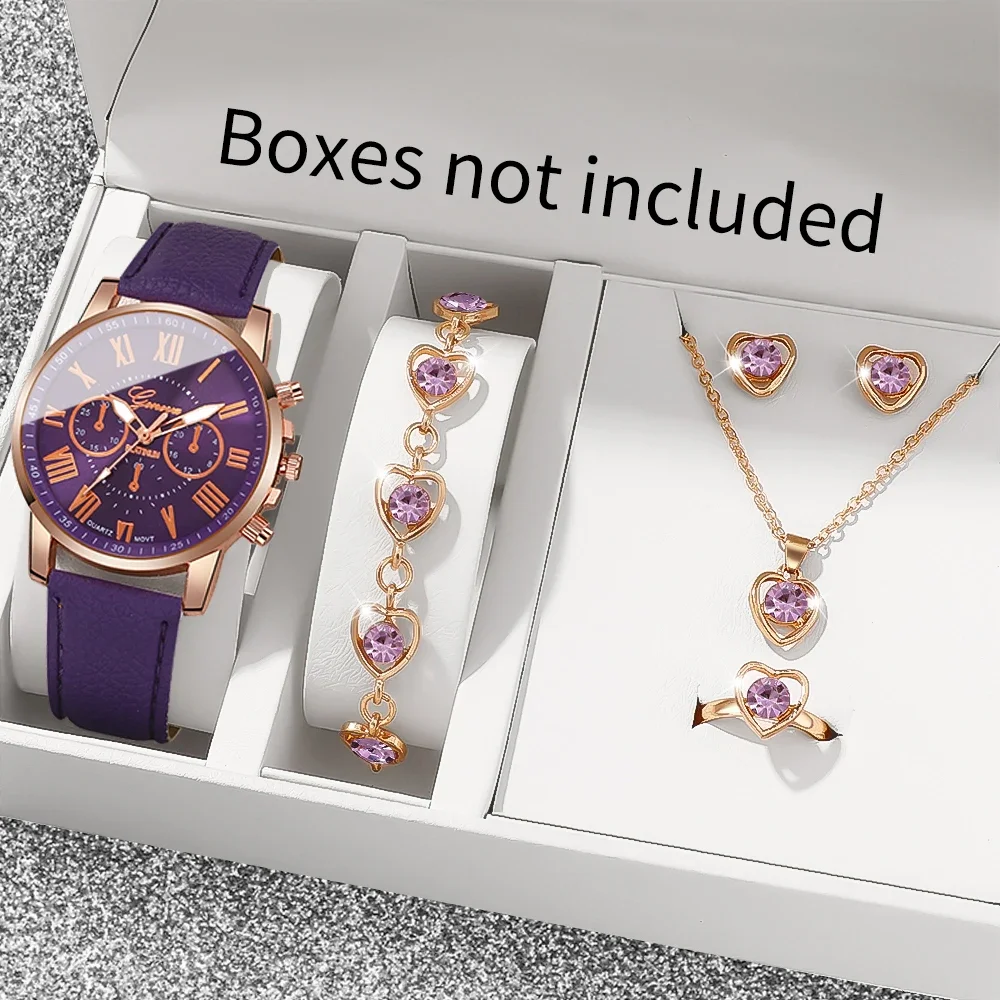 Fashion Women Quartz Watch 5Pcs Set Jewelry Set Heart Rhinestone Necklace Earring Ring Bracelet White Leather
