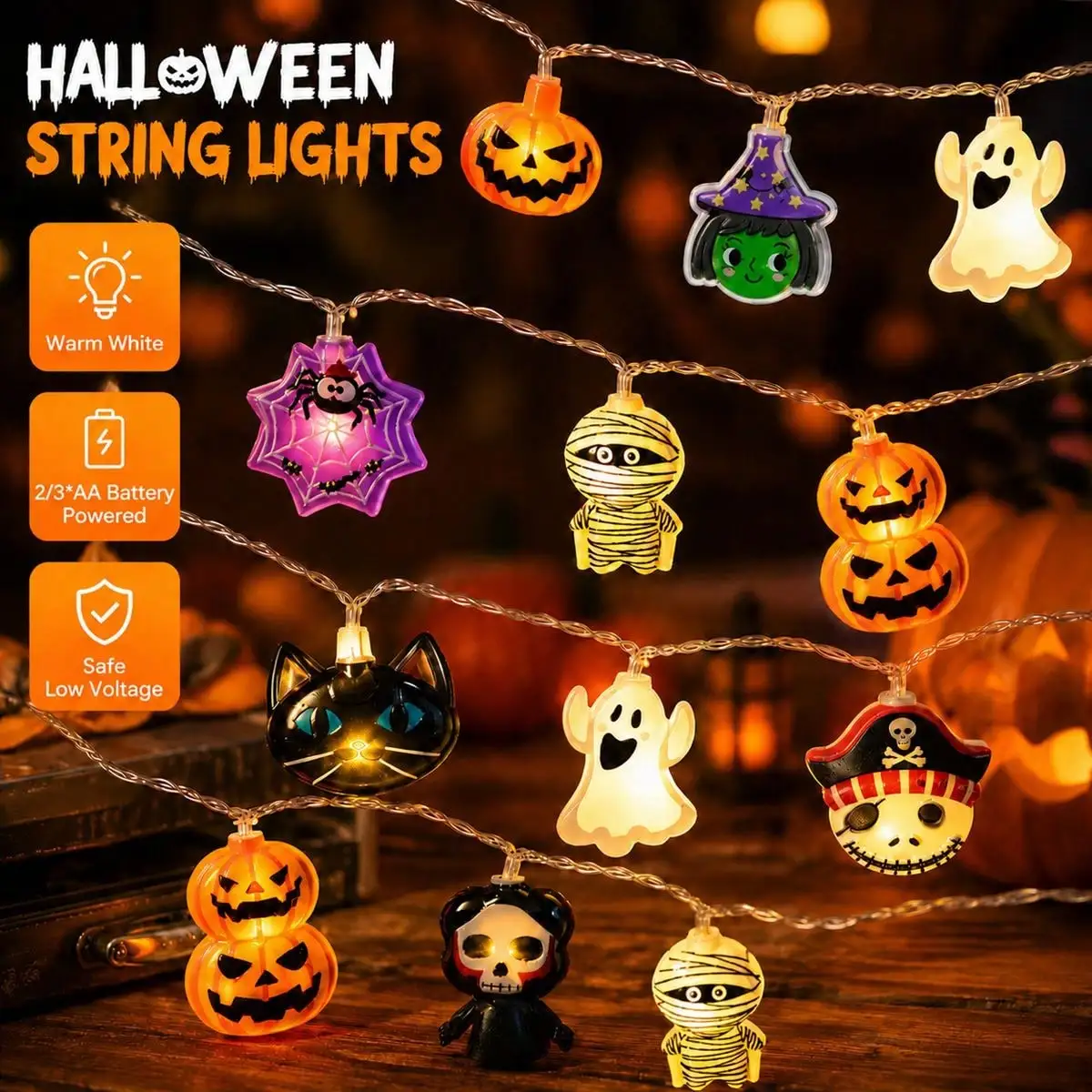 1PC Halloween LED String Lights 10/20 LED Ghost Pumpkin Spider Mummy Skeleton Fairy Lights Suitable for Holiday Party Home Decor