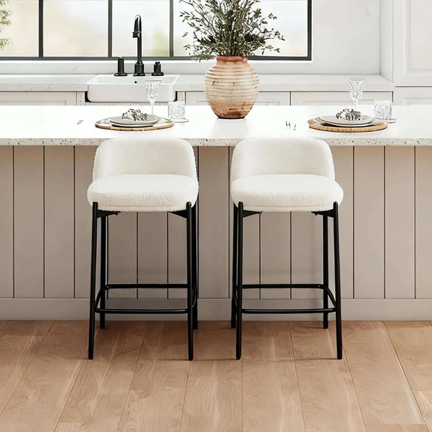 

26" Modern Sherpa Counter Stools Set of 2, White Upholstered Counter Height Bar Stools