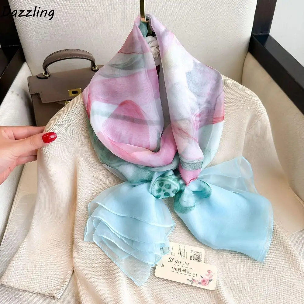 

Headkerchief Korean Luxury Silk Scarf Elegant Printing Women Hijab Shawls Lace Luxury Wraps Spring