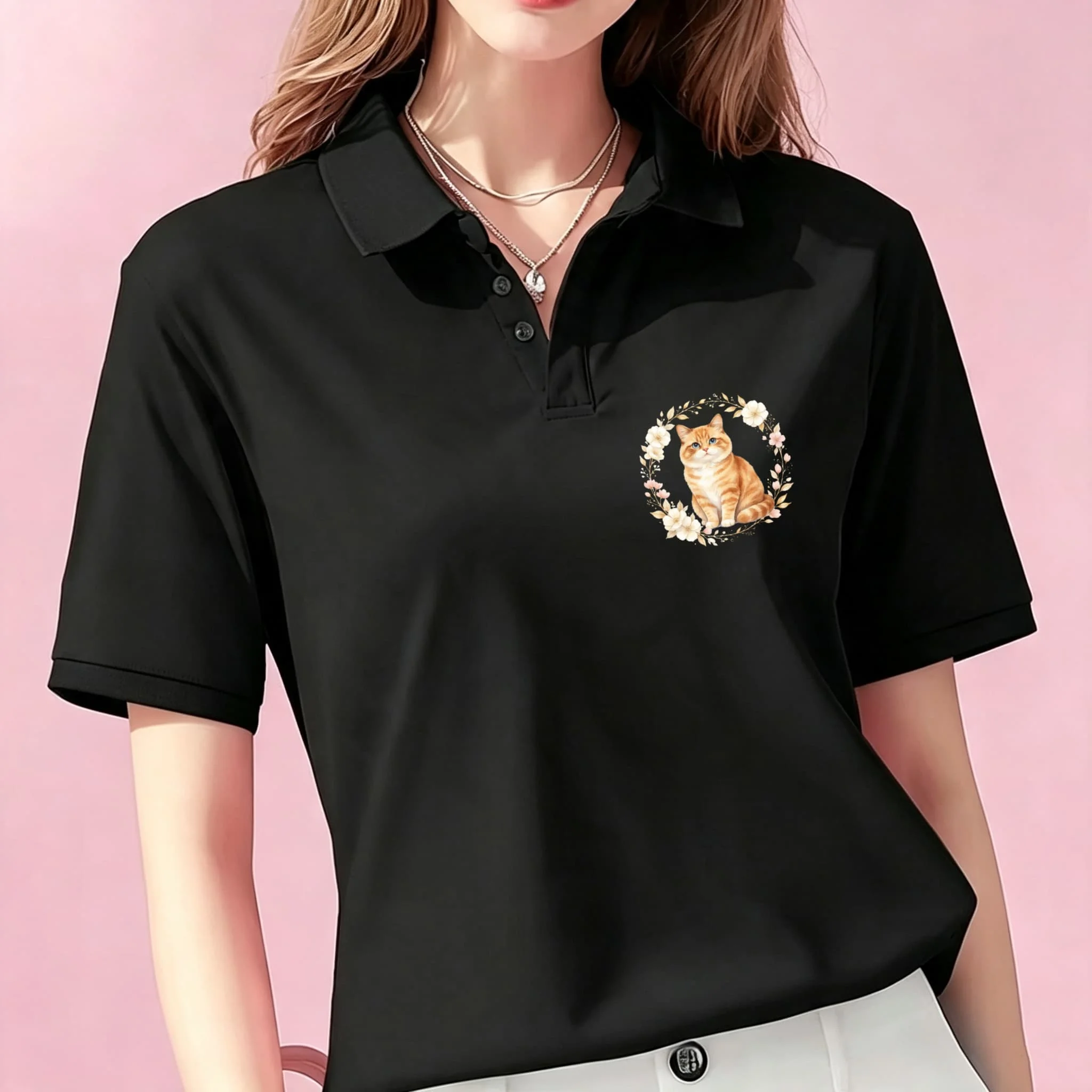 Soft Comfortable Unisex Black Polo Top Lovely Cat Floral Wreath Art Pattern Chest Print Lapel Collar Loose Fit Great For Outdoor And Daily Outfit