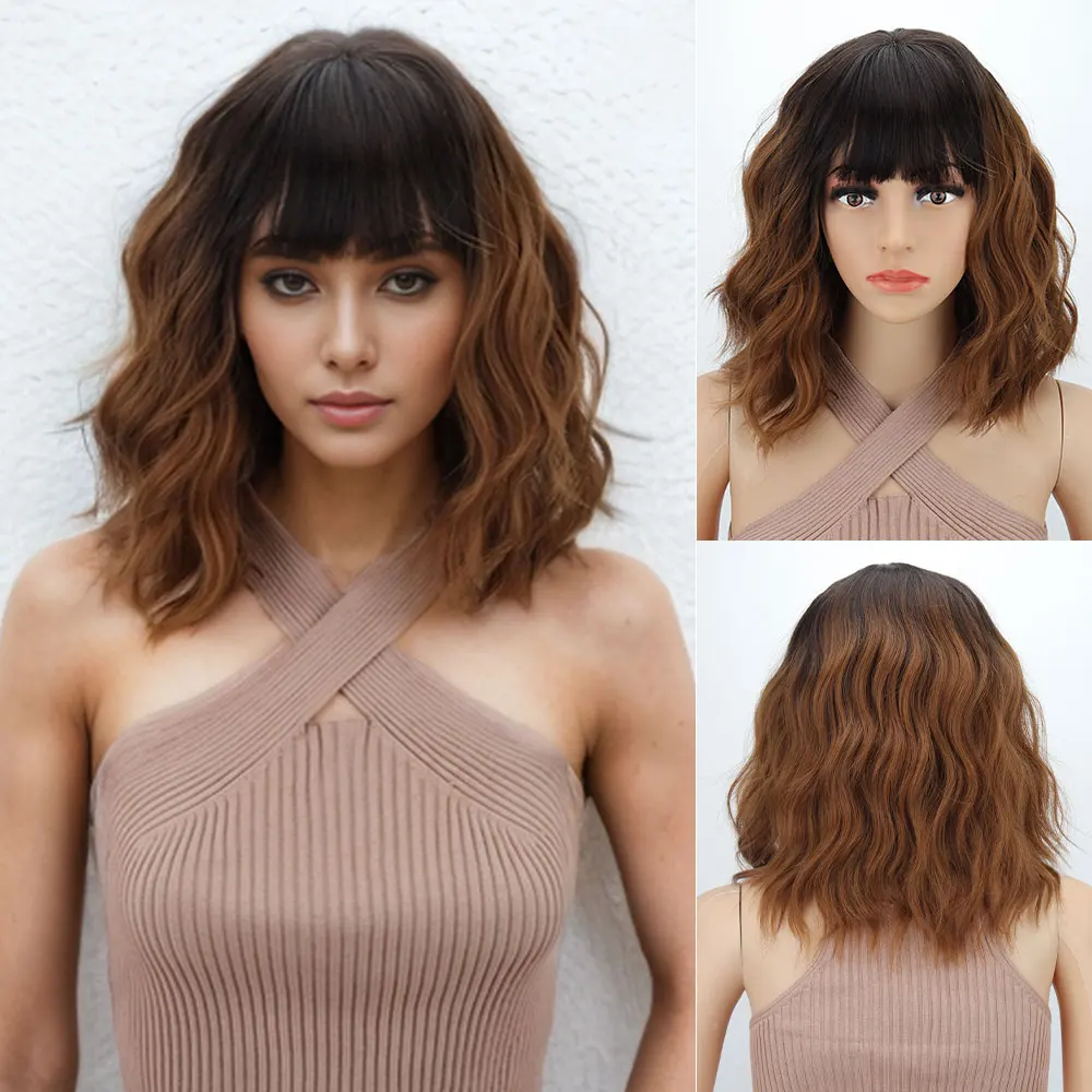 

Brown Ombre Wigs for Women Short Curly Bob Wavy Wig Girls Black and Brown Body Wave Wigs Shoulder Length Cosplay or Daily Wigs