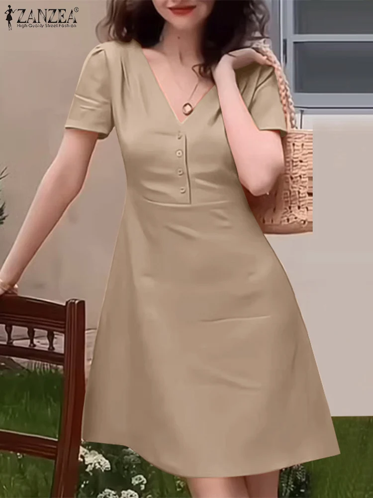 

Модель 2024 года, модное женское Повседневное платье ZANZEA до колена, однотонное платье, Элегантное летнее офисное платье с V-образным вырезом и коротким рукавом