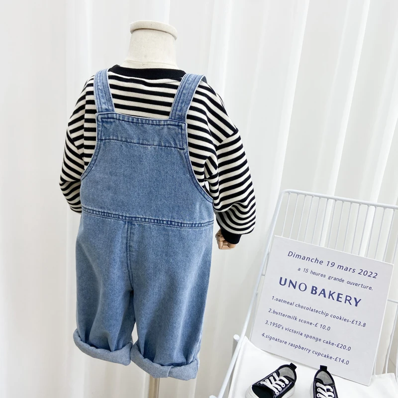 Fashion Baby Kids Denim Overalls Spring Autumn Blue Jean Straps Jumpsuit Korean Style Loose Boys Girls Jeans 2-6Years