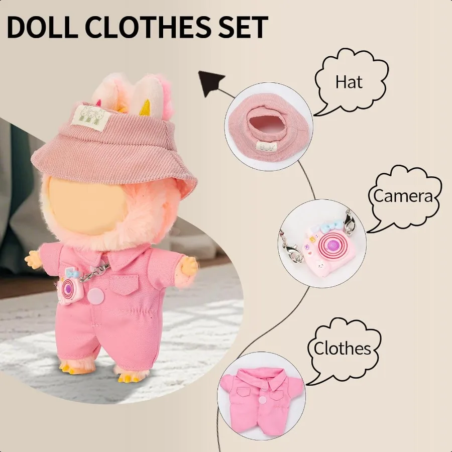 17cm Doll Clothes for labubu Pink Dolls Outfit Set Includes Hat and Onesie No Doll