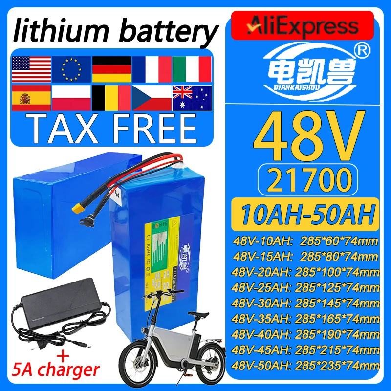 

New 21700 48V 50AH 45AH 40AH 35AH 30AH 25AH 20AH 15AH 10AH lithium battery pack 2500W motorcycle tricycle with BMS +5A charger