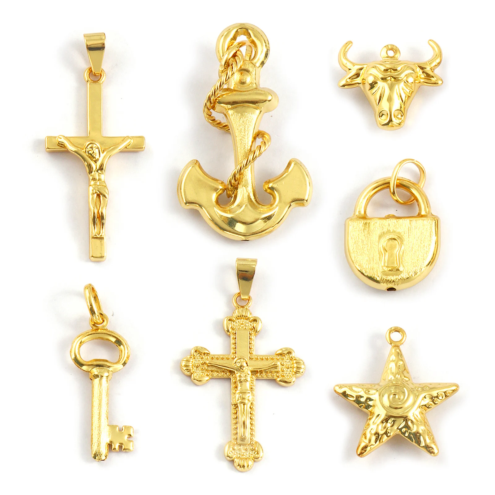 1 шт., латунные подвески, позолоченные 18 К, морская звезда, голова быка, замок для ключей, крест, подвески для ожерелья, браслета, брелки, изготовление ювелирных изделий