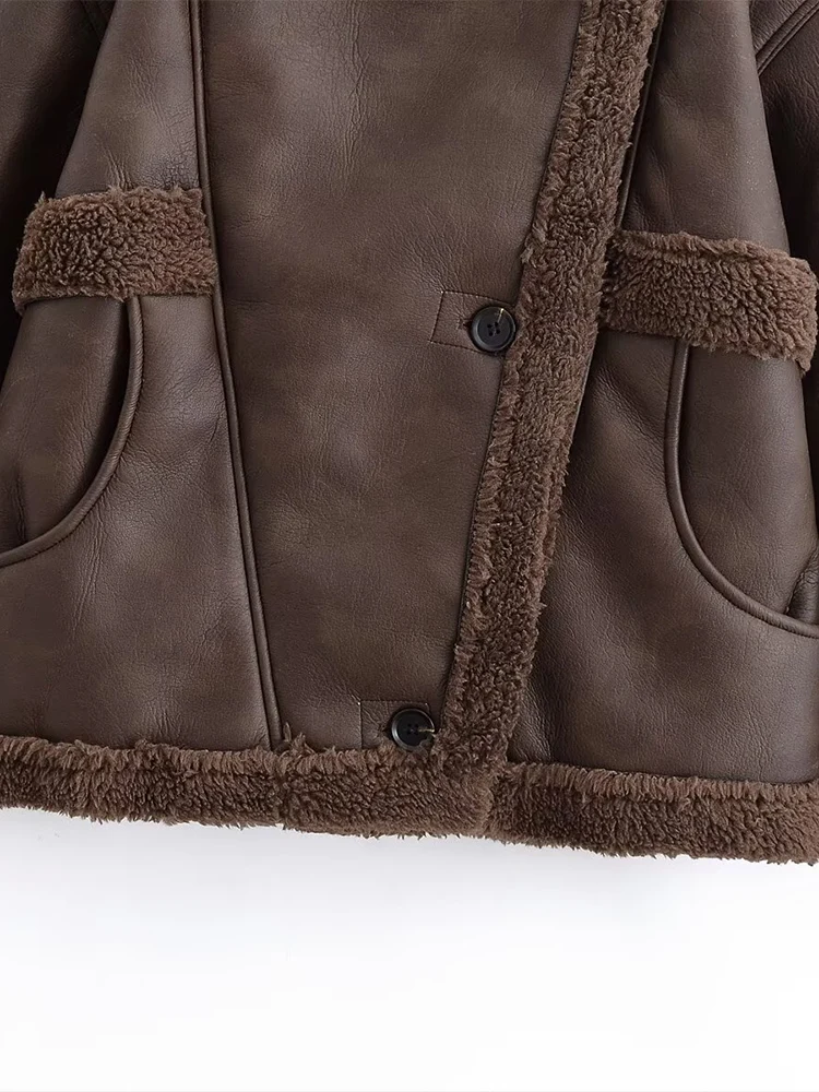 Estilo europeu novo feminino elegante e versátil elegante casual cor sólida lapela único breasted shearling casaco