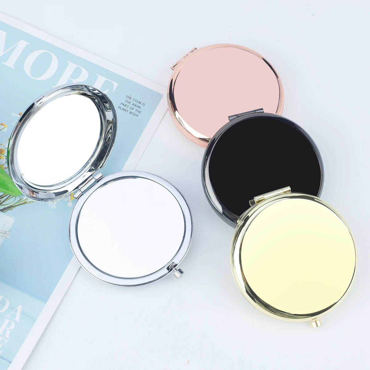 Double-Sided Small Mirror Portable Folding Round Makeup Mirror Rose Gold Simple Mini Men And Women Handheld Pocket Mirror