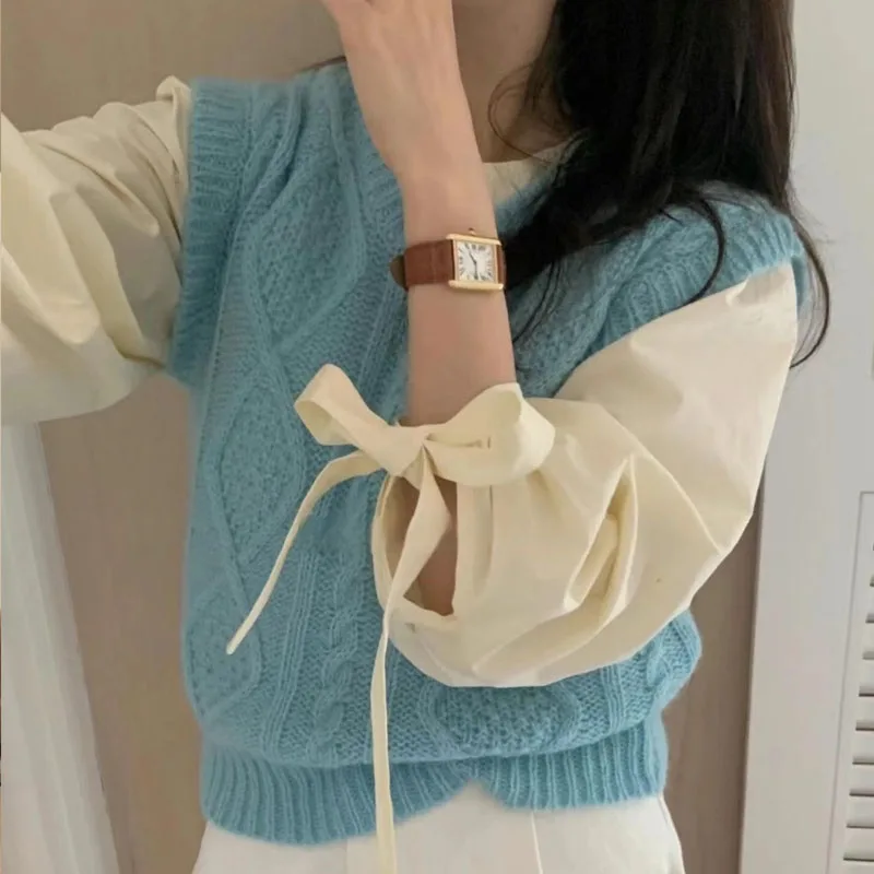 Chic Spring 2023 Women's Loose Casual round Ne White irt  Knot Sve Tops Korean Sle Commute Pure Color