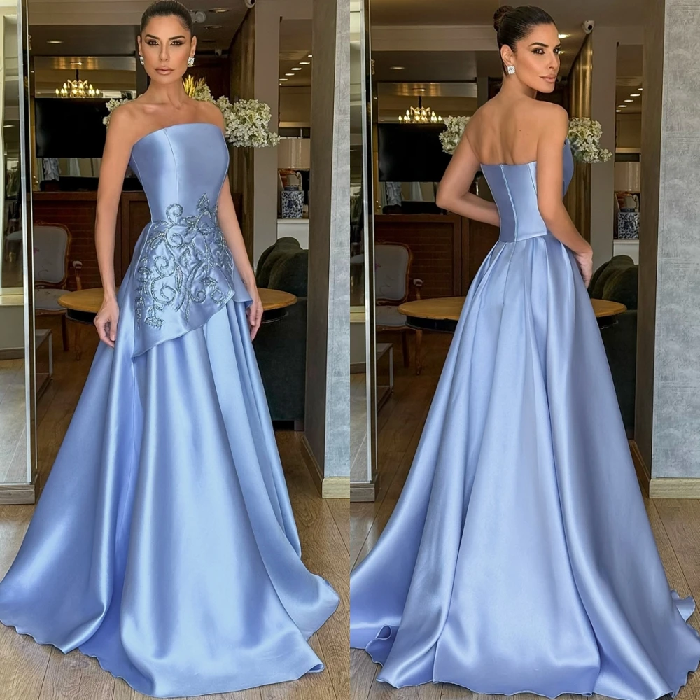 

Customized Elegant Blue Satin Evening Dress Formal Strapless Sleeveless Celebrity Gowns Classic A-Line Zipper Back Prom Dresses