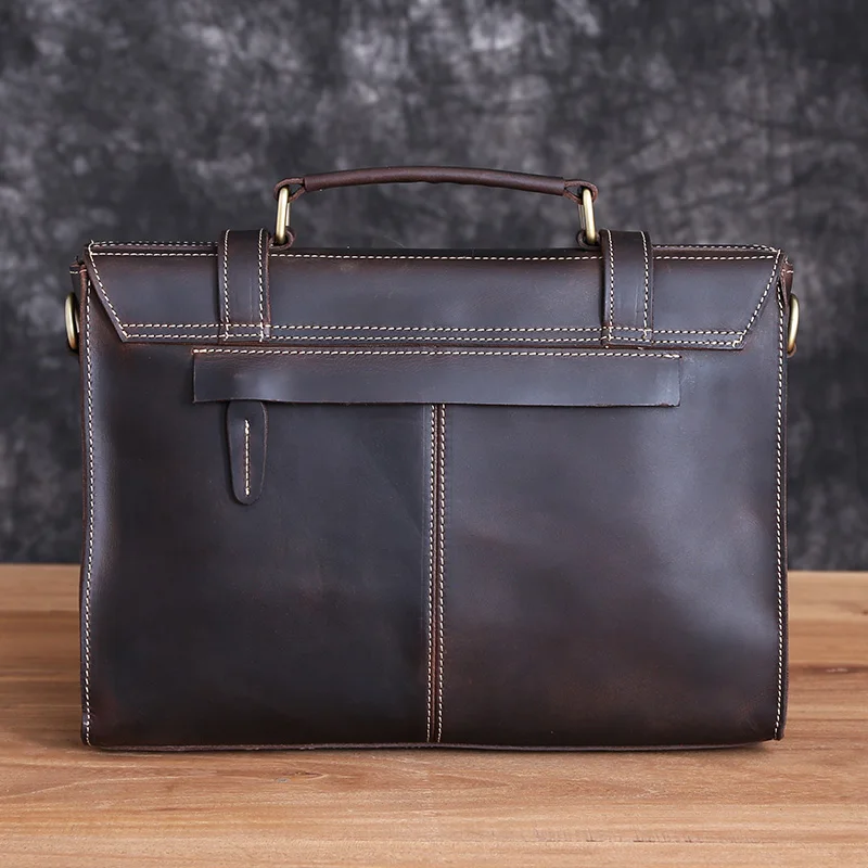 Men's Top Layer Cowhide Handbag Briefcase Retro Mad Horse Leather Single Shoulder Crossbody Messenger Bag Leather Computer Bag