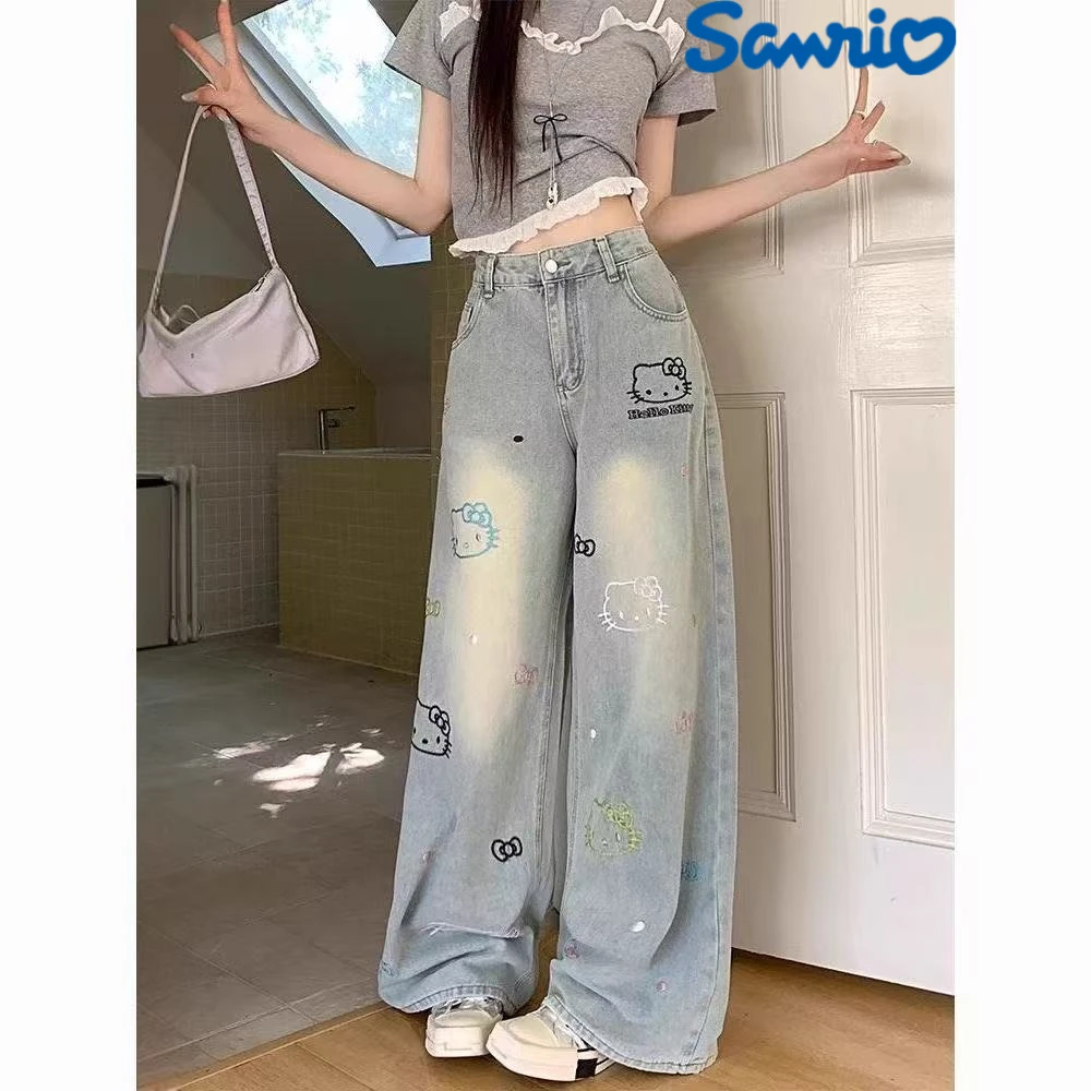 Sanrio Kawaii Jeans Hello Kittys Linda niña pantalones de pierna ancha cintura alta nuevo estilo pantalones vaqueros sueltos cómodos dibujos animados rectos