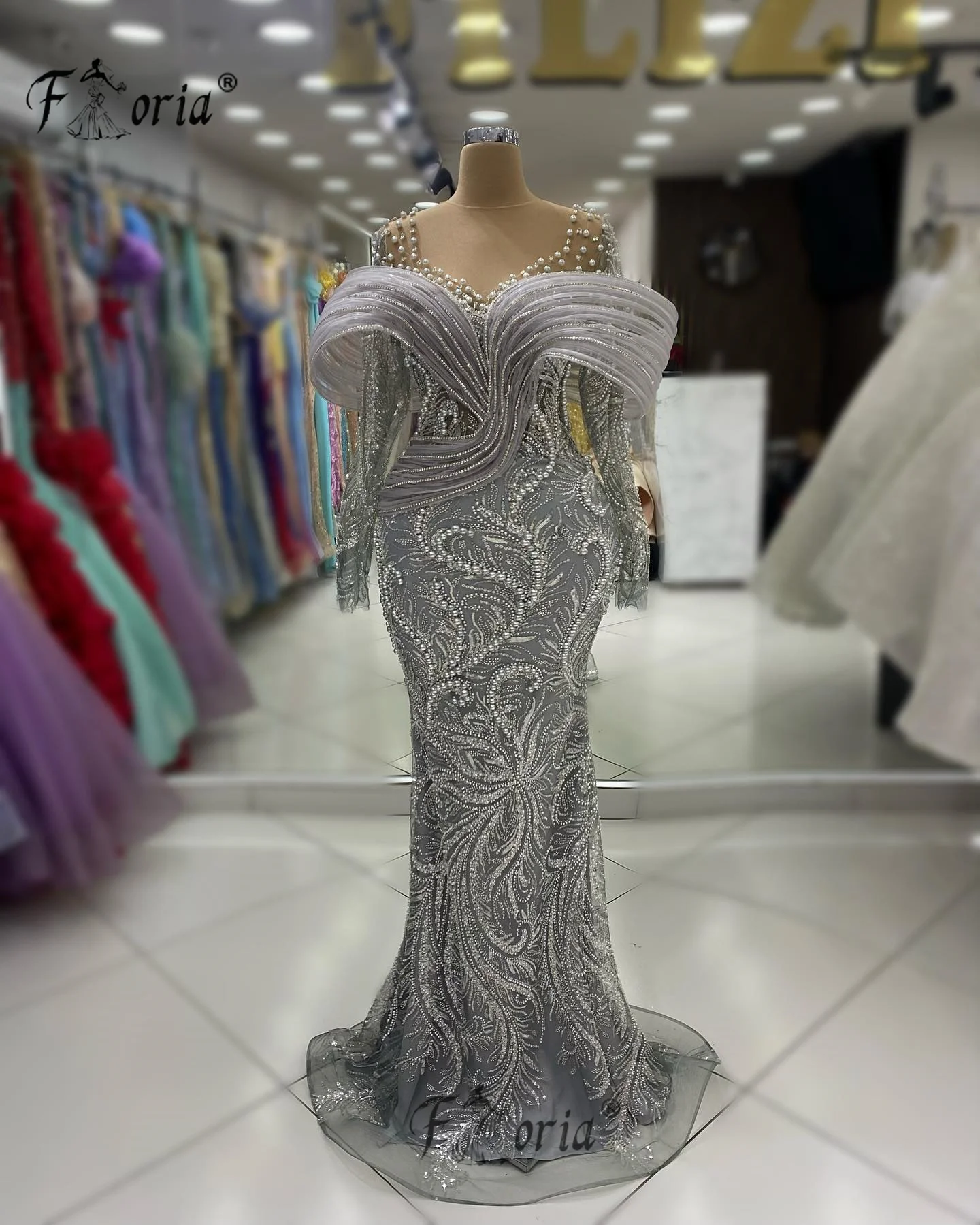 Vestido de noche de sirena sin hombros para mujer, vestido de graduación de manga larga con lentejuelas y perlas, vestidos de fiesta de boda de Dubái, plateado brillante