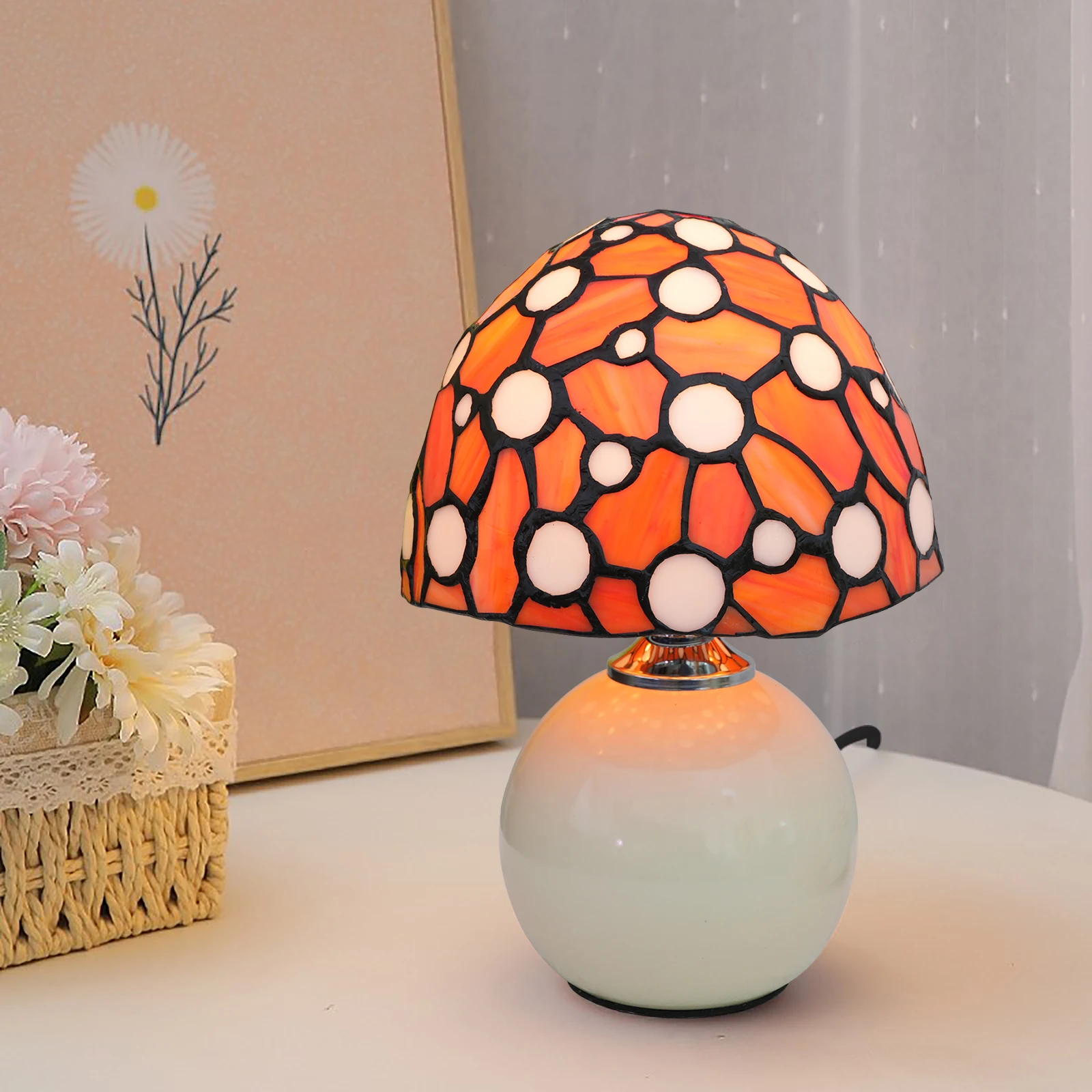 Stained Glass Mushroom Table Lamp for Bedroom, Small Bedside