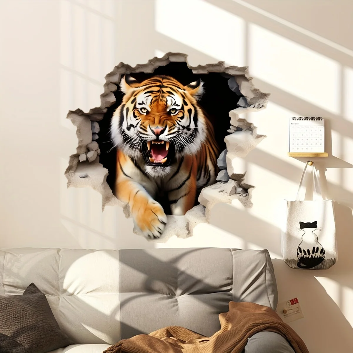 2pcs Tiger Breaking Through Wall Theme Wall & Window Sticker,Self-Adhesive Decorative Sticker, Suitable for Bedroom, Living Room