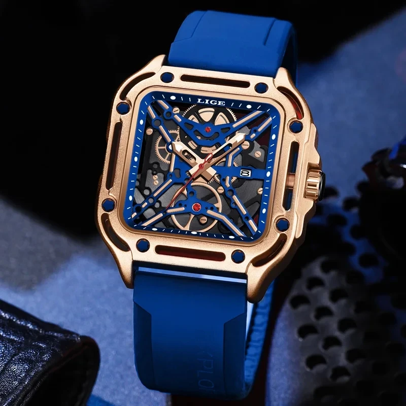 LIGE Hollow Design Mens Watches Square Quartz Wristwatches Luminous Auto Date Watch Men 5ATM Waterproof Silicone Man Wach+Box