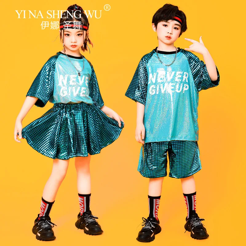 Jungen Mädchen Pailletten Sport Kurzarm T-shirt kinder Jazz Dance Kostüm Hip Hop Street Dance Cheerleading Leistung Kleidung