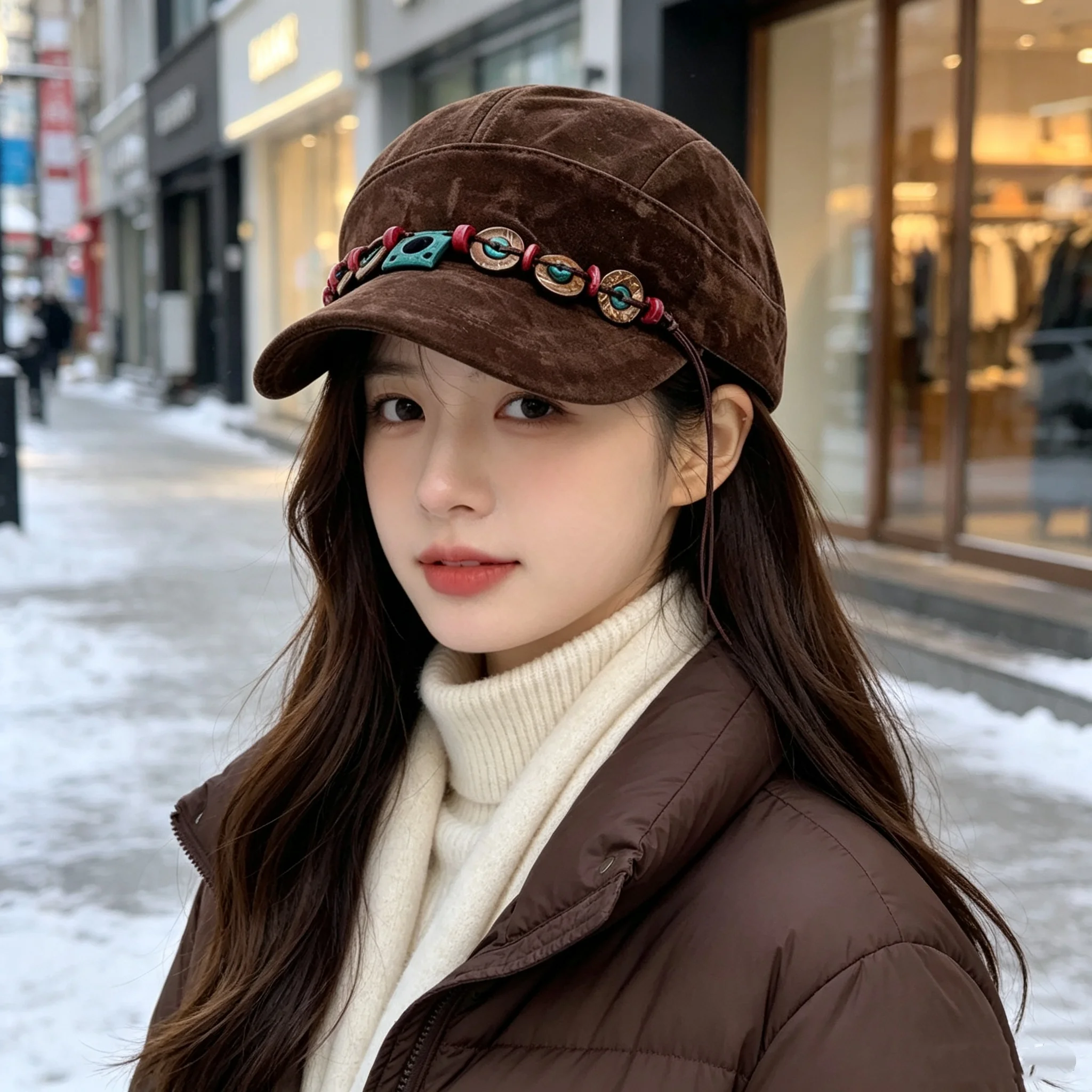Autumn and Winter Women's Retro Western-Style Faux Suede Short-Brimmed Baseball Cap with Handmade Turquoise and Wooden Bead Embellishments, Adjustable Leather Cord Tassel, Outdoor Travel Warm Hat